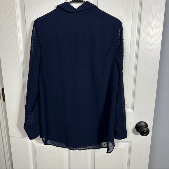 Talbots PM tunic blouse, navy w/Swiss dots, sheer sleeves, spring, office - Picture 3 of 7